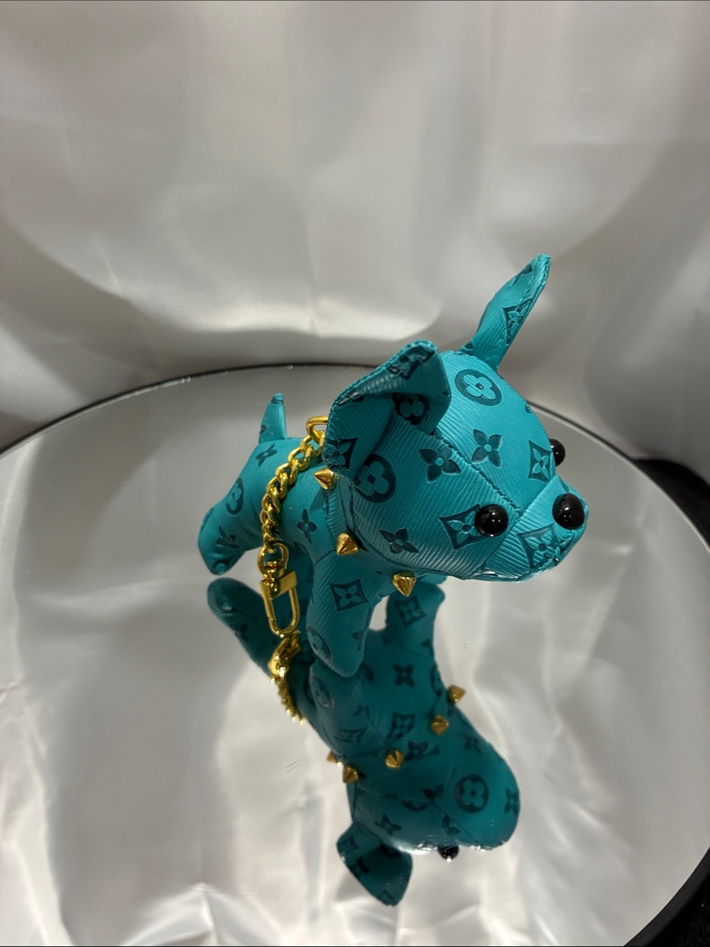 Fashionable French bulldog Inspired Teal Dog Keychain Plush with Gold Studs
